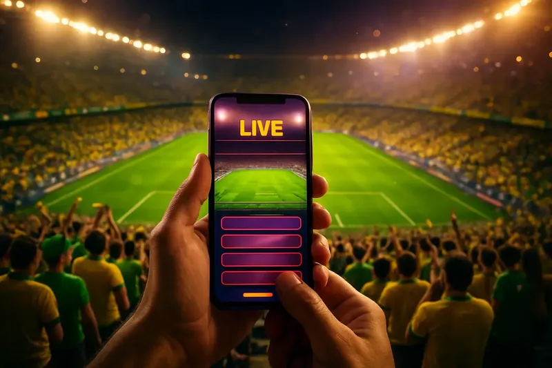 Torcida em estádio lotado à noite com smartphone exibindo aposta ao vivo