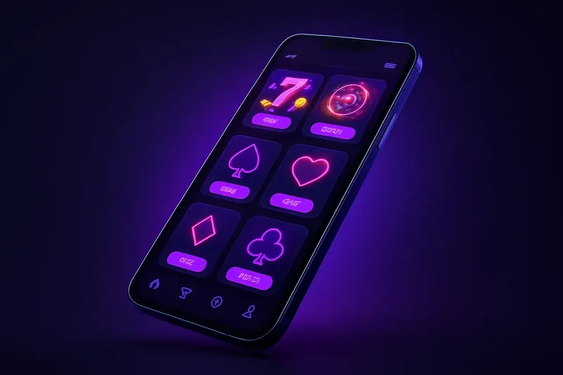 Smartphone moderno flutuando com app de cassino premium em tema escuro e botões roxos