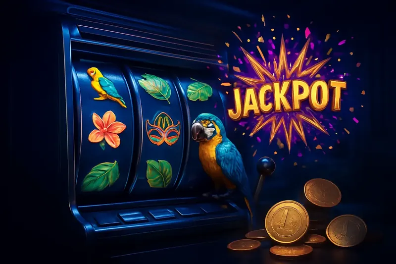 Caça-níqueis brasileiro com rolos coloridos, símbolos tropicais e jackpot em confete