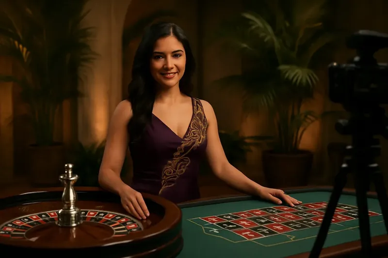 Estúdio de cassino ao vivo com dealer brasileira na mesa de roleta