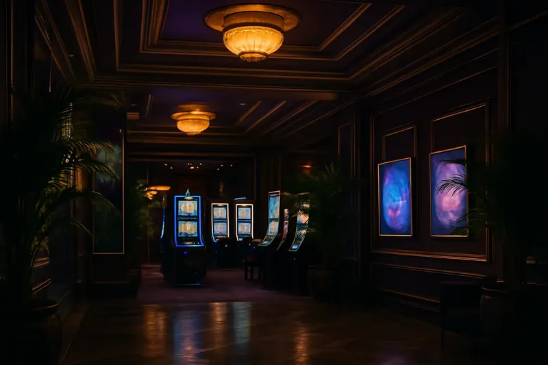 Lobby de cassino brasileiro com detalhes roxos e dourados e telas brilhantes