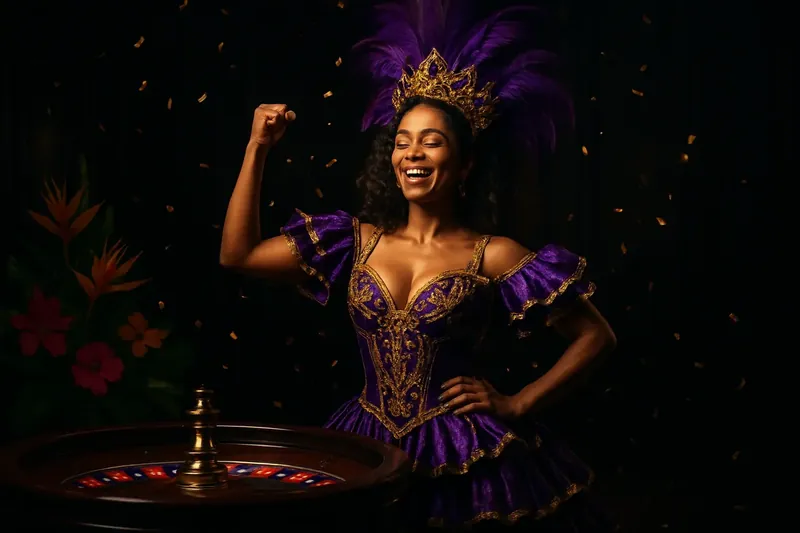 Mulher brasileira confiante em traje de carnaval ao lado de roleta luxuosa