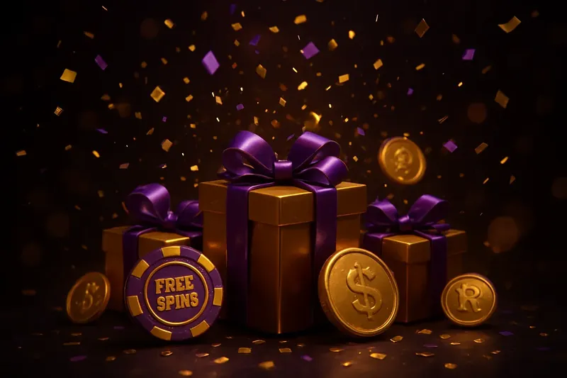Caixas de presente douradas, confete roxo e dourado, fichas e moedas de cashback